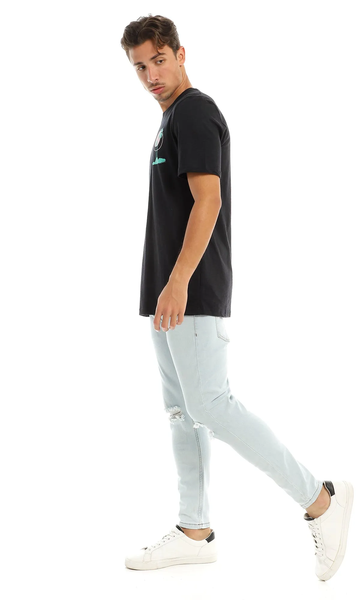 97397 Side Printed Palms Black Round T-Shirt