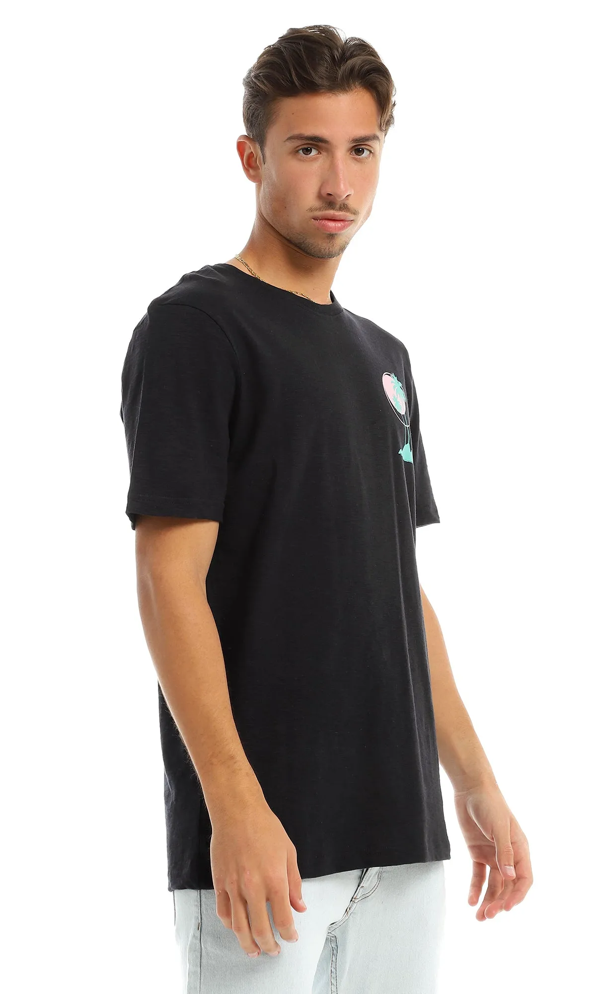 97397 Side Printed Palms Black Round T-Shirt