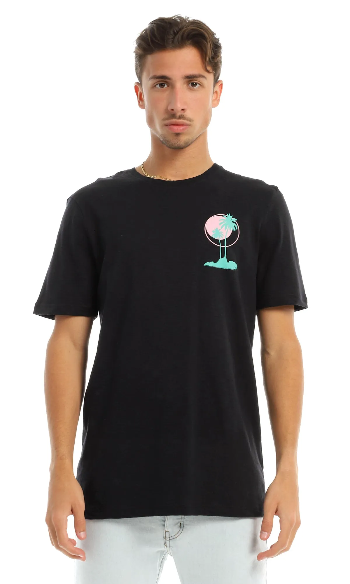 97397 Side Printed Palms Black Round T-Shirt