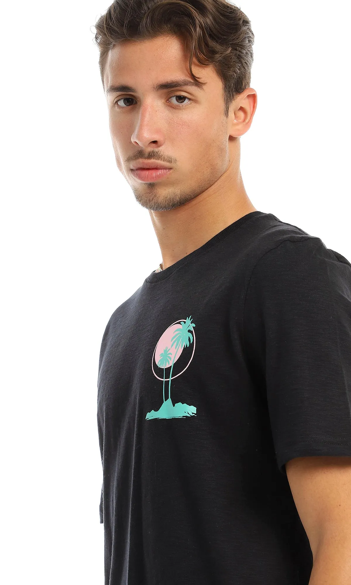 97397 Side Printed Palms Black Round T-Shirt