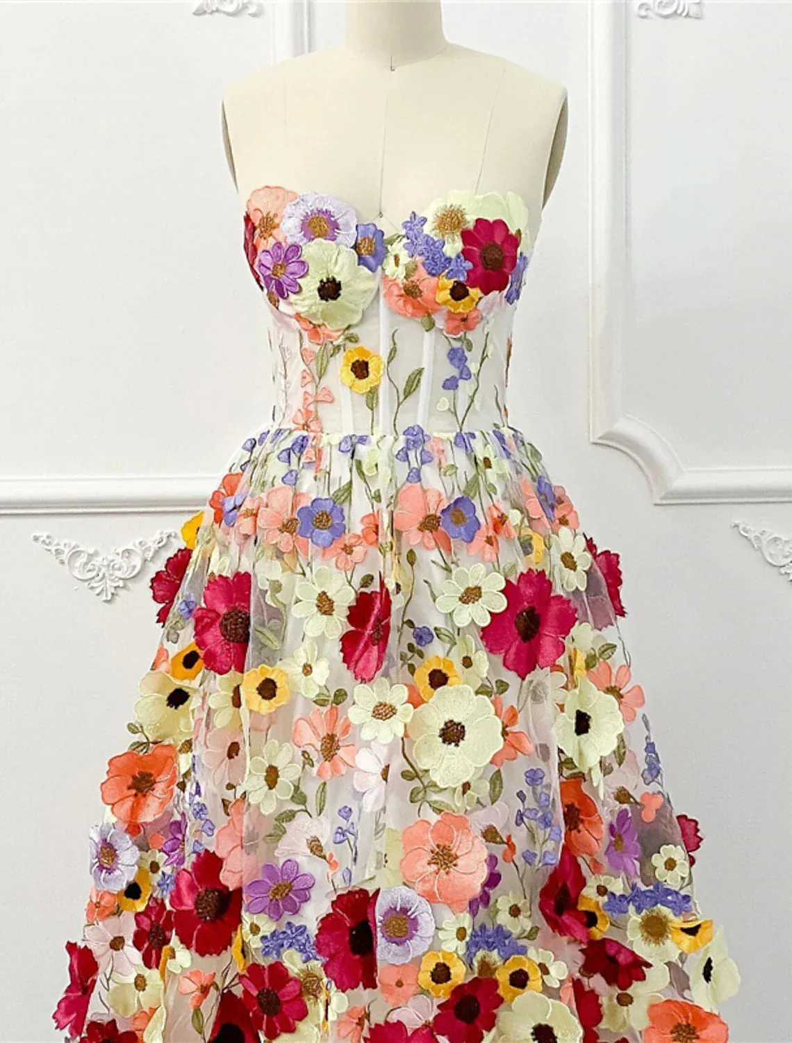 A-Line Cocktail Dresses Floral Dress Wedding Guest Summer Knee Length Sleeveless Strapless Tulle with Appliques