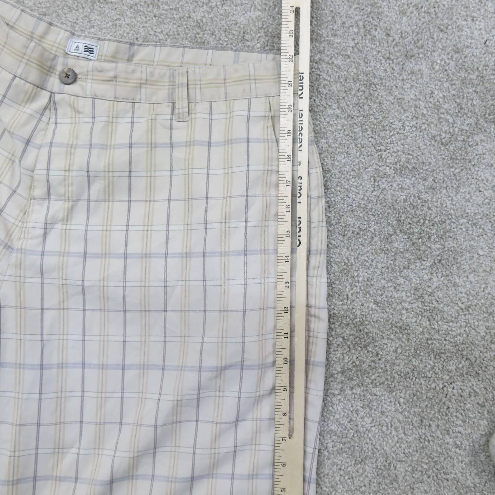 Adidas Mens Plaid Checked Casual Stretch Chino Shorts Mid Rise Tan Cream Size 38