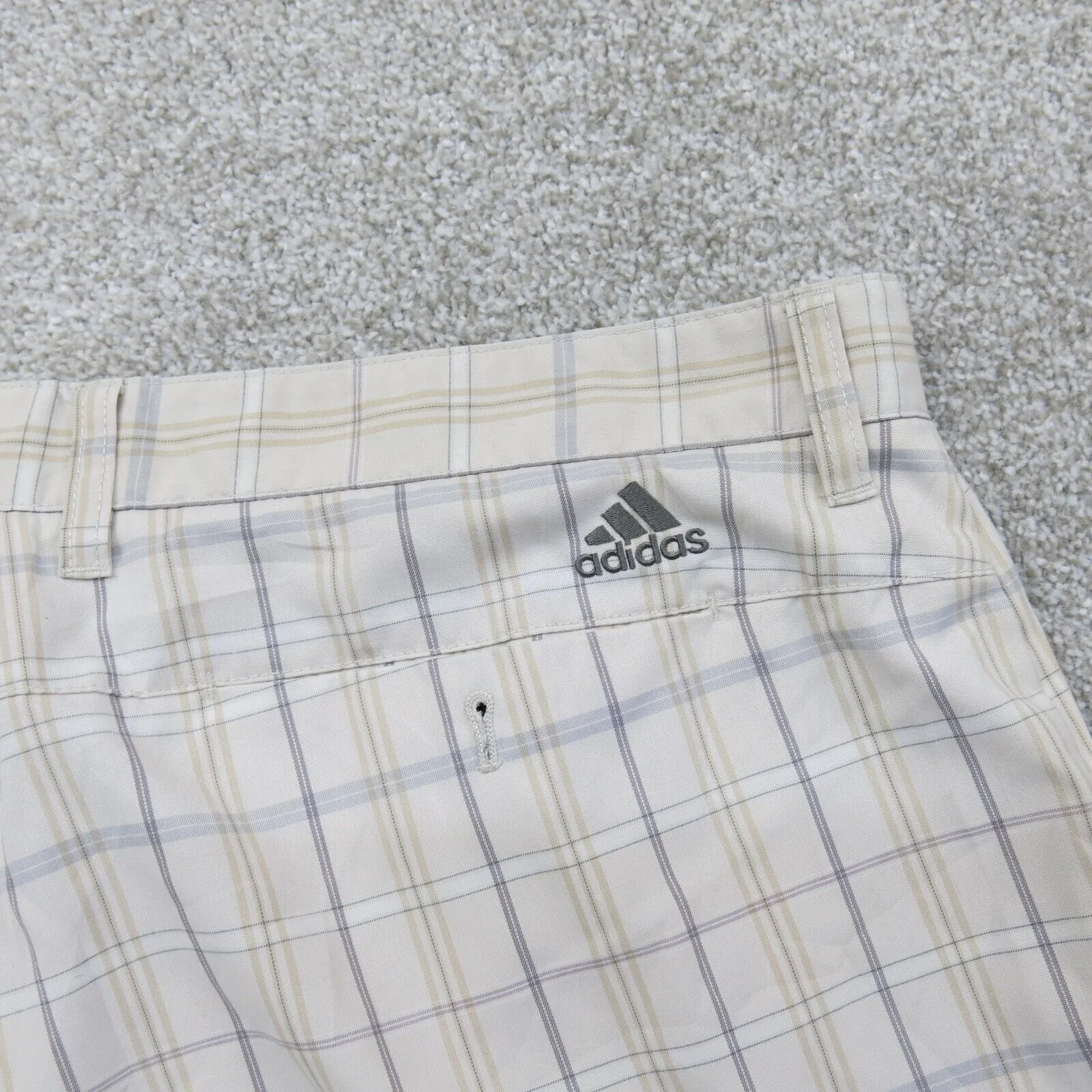 Adidas Mens Plaid Checked Casual Stretch Chino Shorts Mid Rise Tan Cream Size 38