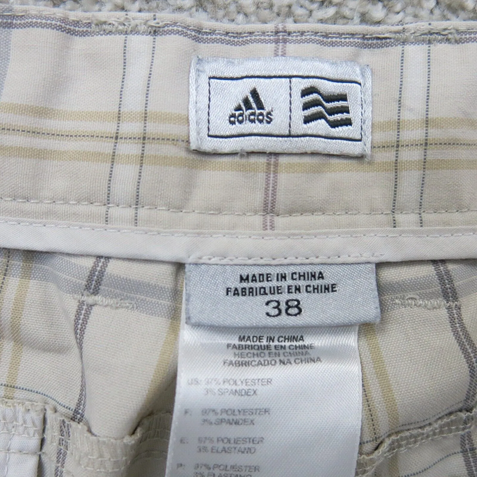 Adidas Mens Plaid Checked Casual Stretch Chino Shorts Mid Rise Tan Cream Size 38