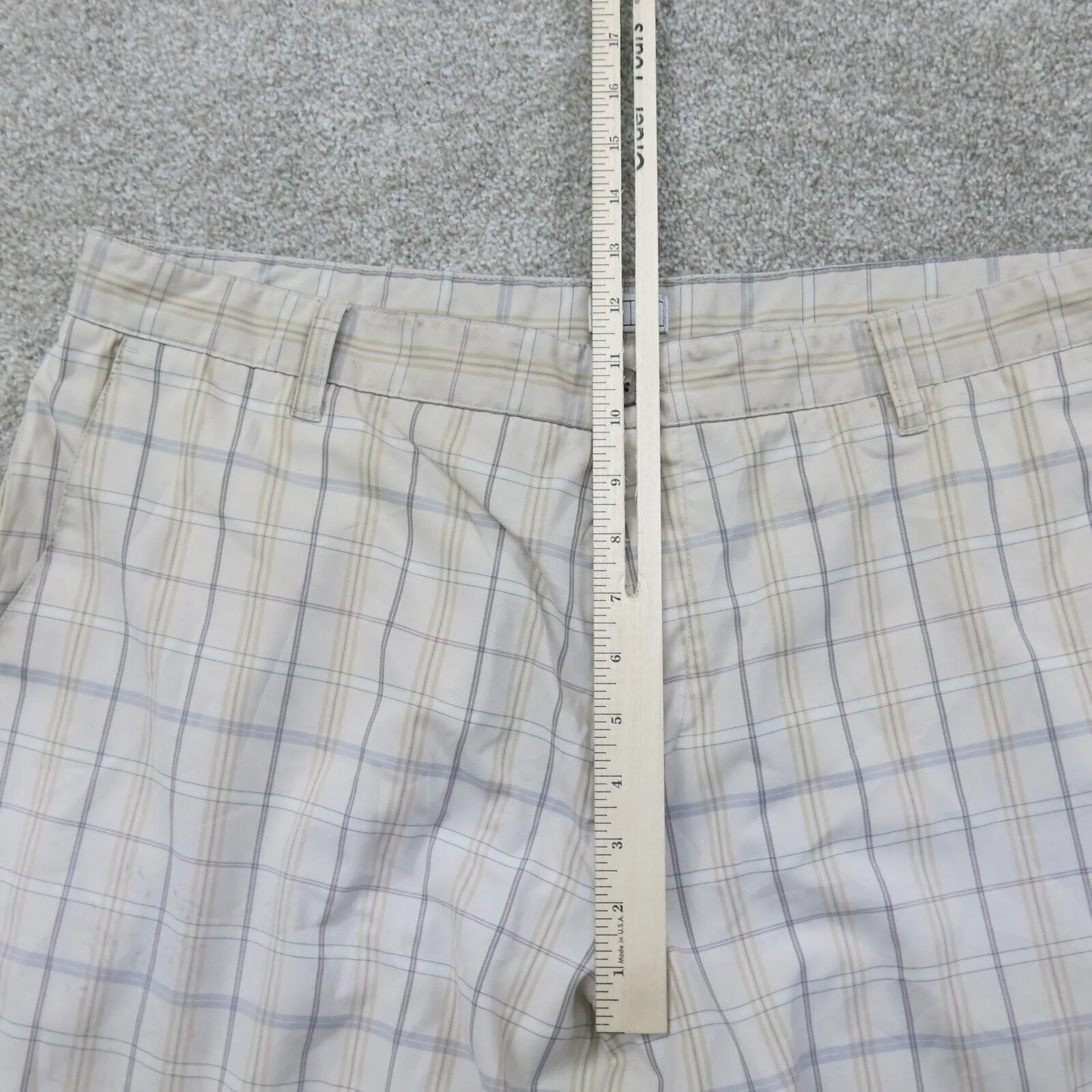 Adidas Mens Plaid Checked Casual Stretch Chino Shorts Mid Rise Tan Cream Size 38