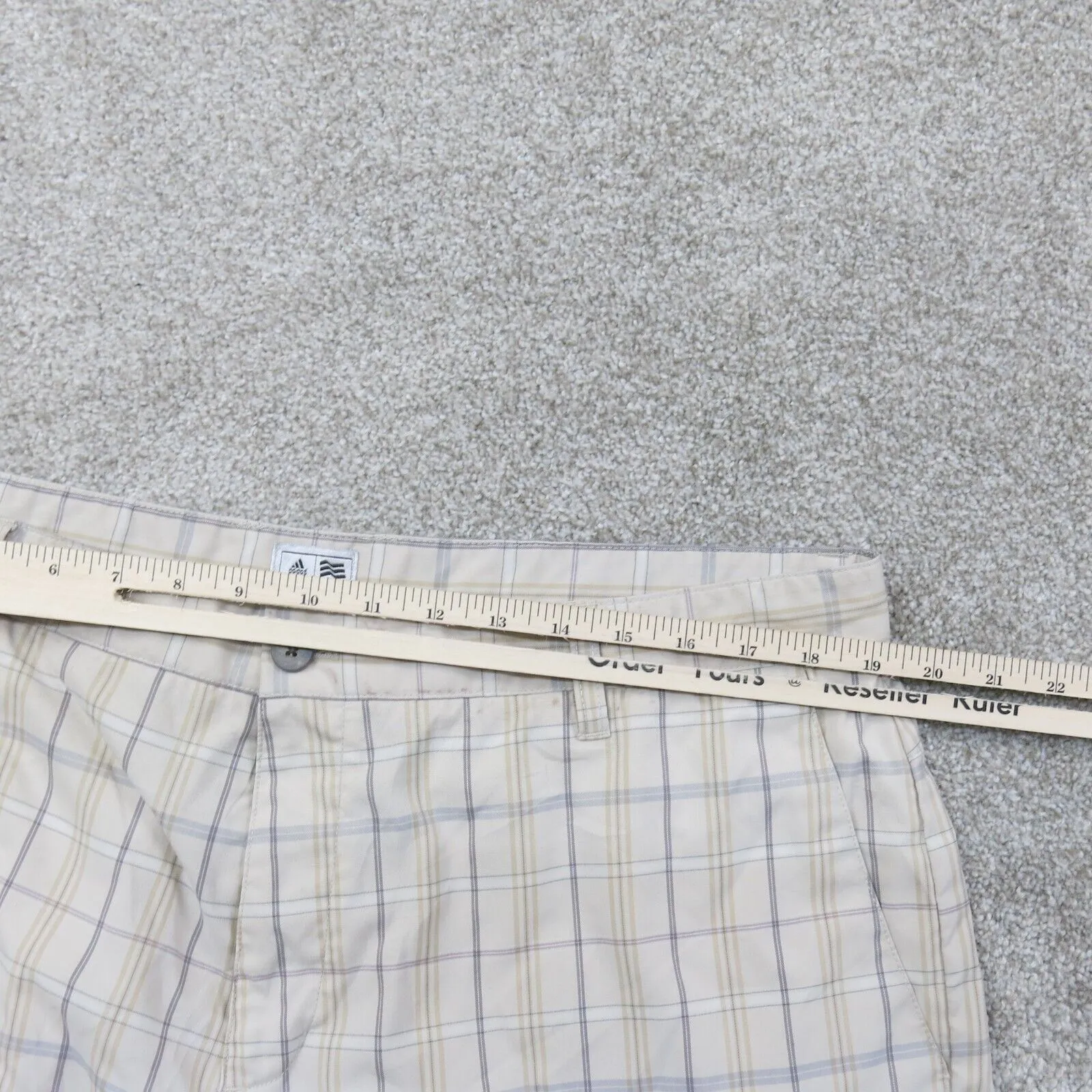 Adidas Mens Plaid Checked Casual Stretch Chino Shorts Mid Rise Tan Cream Size 38
