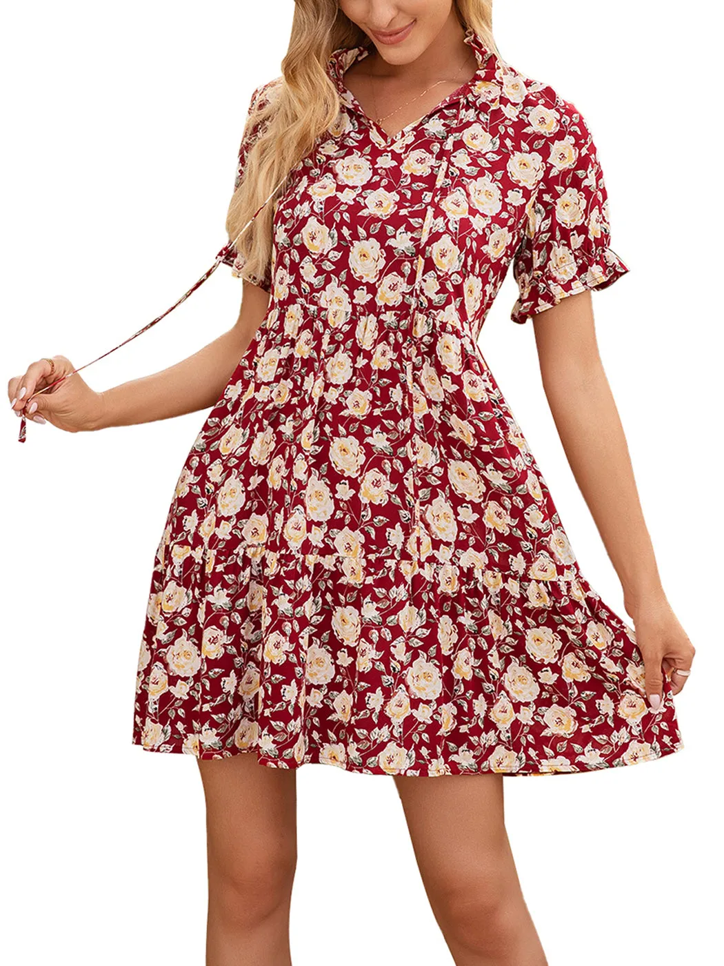 Anna-Kaci Women's Summer Dress Boho Ruffle Sleeve Floral Print Tie Neck Sun Dress