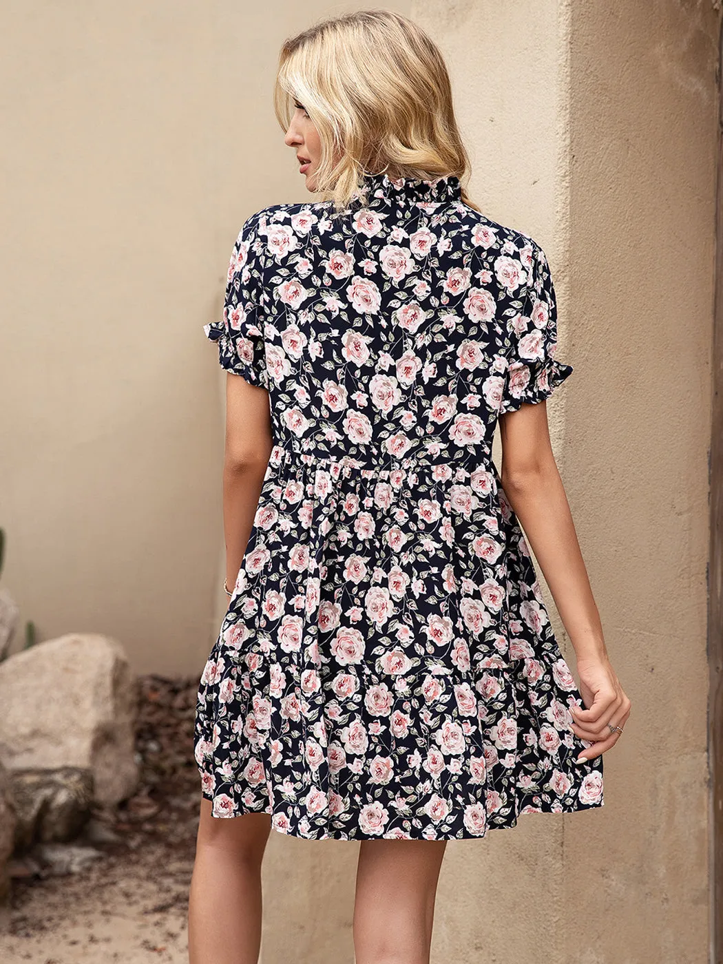 Anna-Kaci Women's Summer Dress Boho Ruffle Sleeve Floral Print Tie Neck Sun Dress