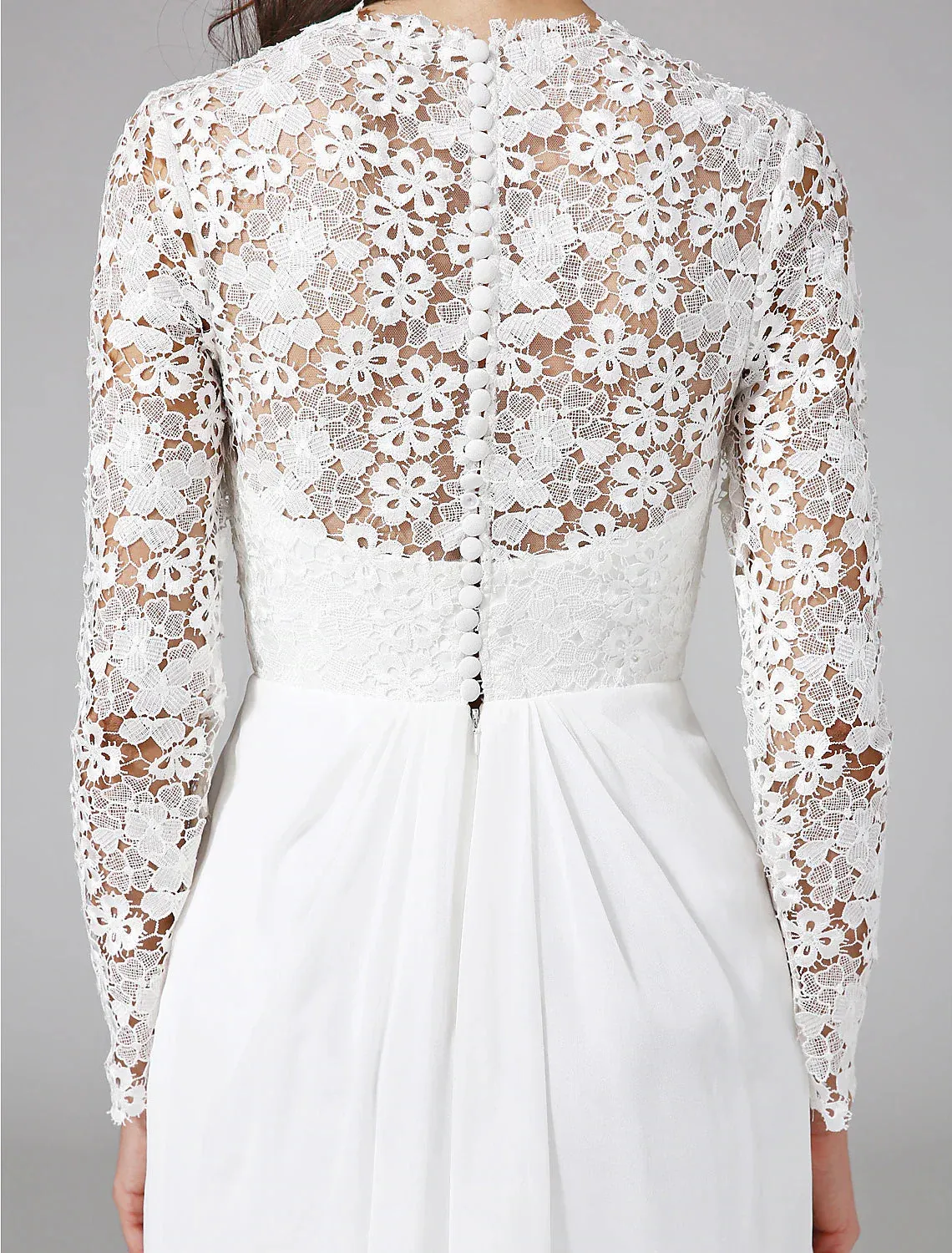 Beach Royal Style Boho Wedding Dresses Sheath / Column Illusion Neck Long Sleeve Sweep / Brush Train Chiffon Bridal Gowns With Lace Button 2023 Summer Wedding Party