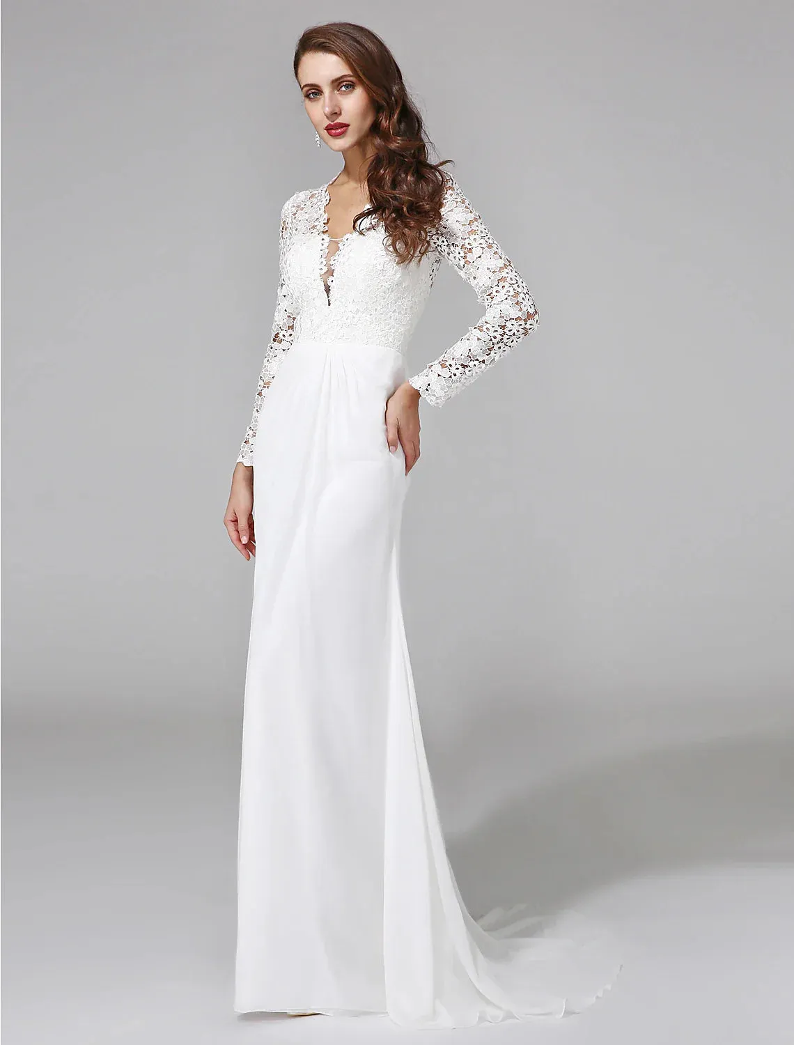 Beach Royal Style Boho Wedding Dresses Sheath / Column Illusion Neck Long Sleeve Sweep / Brush Train Chiffon Bridal Gowns With Lace Button 2023 Summer Wedding Party