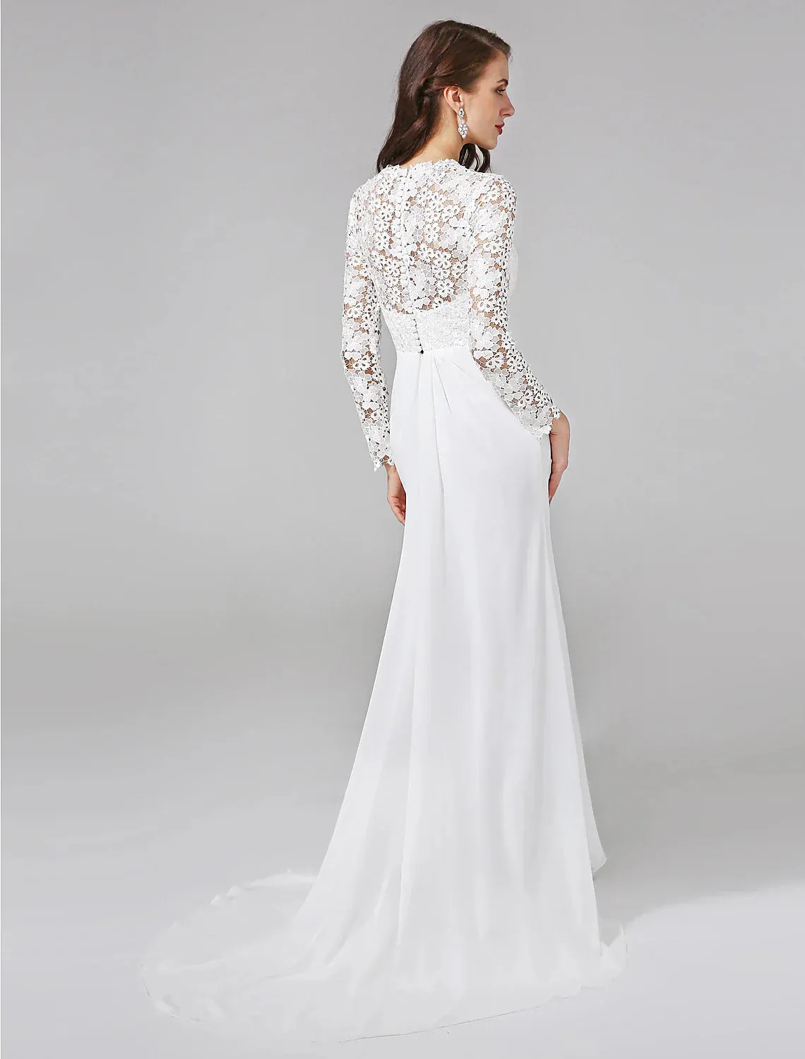 Beach Royal Style Boho Wedding Dresses Sheath / Column Illusion Neck Long Sleeve Sweep / Brush Train Chiffon Bridal Gowns With Lace Button 2023 Summer Wedding Party