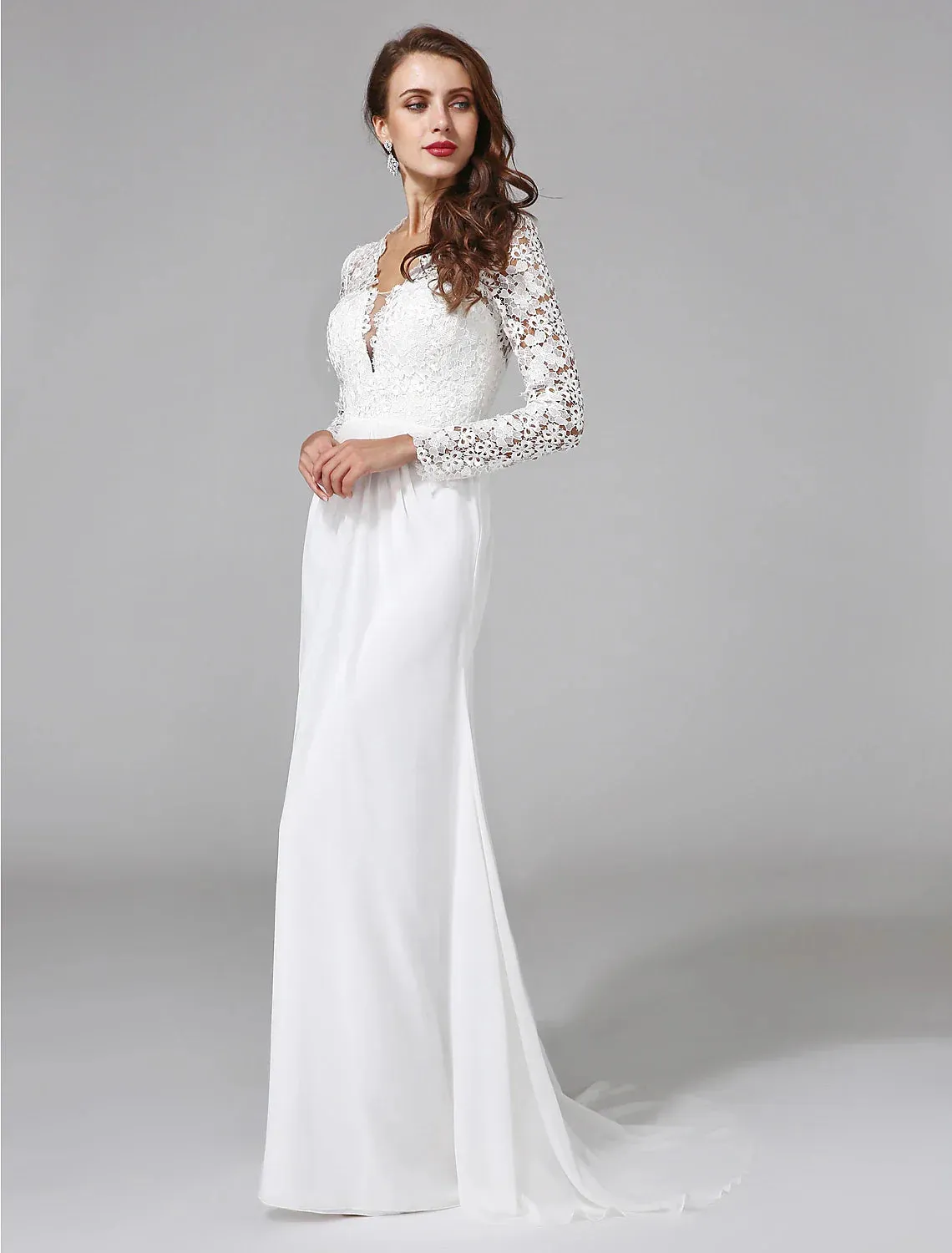 Beach Royal Style Boho Wedding Dresses Sheath / Column Illusion Neck Long Sleeve Sweep / Brush Train Chiffon Bridal Gowns With Lace Button 2023 Summer Wedding Party