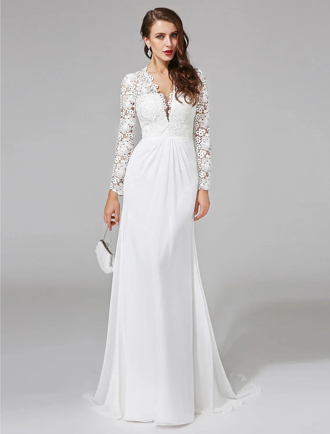 Beach Royal Style Boho Wedding Dresses Sheath / Column Illusion Neck Long Sleeve Sweep / Brush Train Chiffon Bridal Gowns With Lace Button 2023 Summer Wedding Party