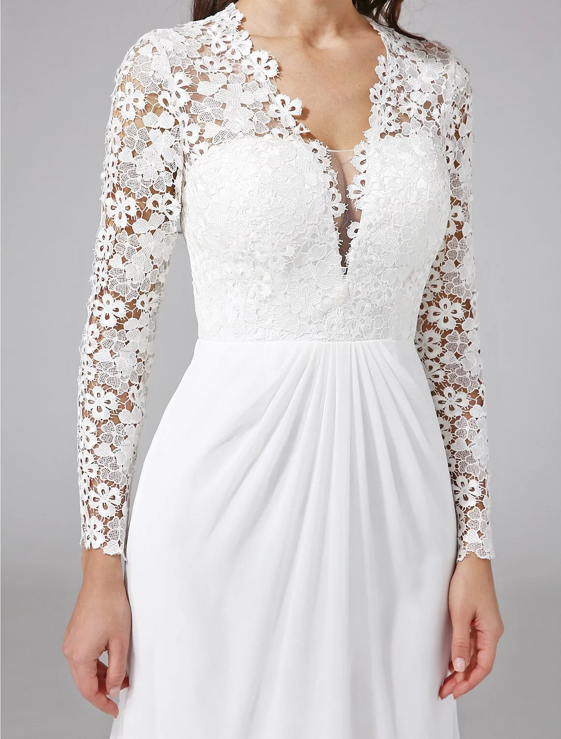 Beach Royal Style Boho Wedding Dresses Sheath / Column Illusion Neck Long Sleeve Sweep / Brush Train Chiffon Bridal Gowns With Lace Button 2023 Summer Wedding Party