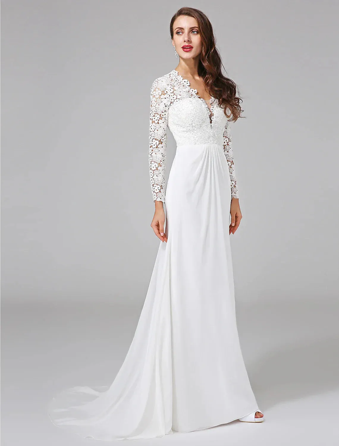 Beach Royal Style Boho Wedding Dresses Sheath / Column Illusion Neck Long Sleeve Sweep / Brush Train Chiffon Bridal Gowns With Lace Button 2023 Summer Wedding Party