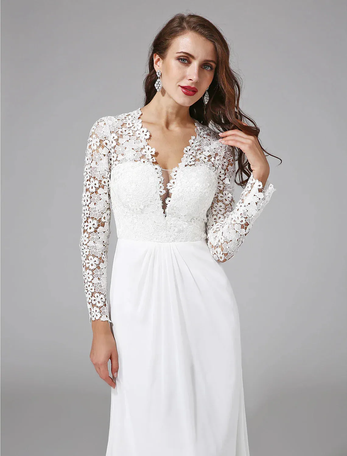 Beach Royal Style Boho Wedding Dresses Sheath / Column Illusion Neck Long Sleeve Sweep / Brush Train Chiffon Bridal Gowns With Lace Button 2023 Summer Wedding Party