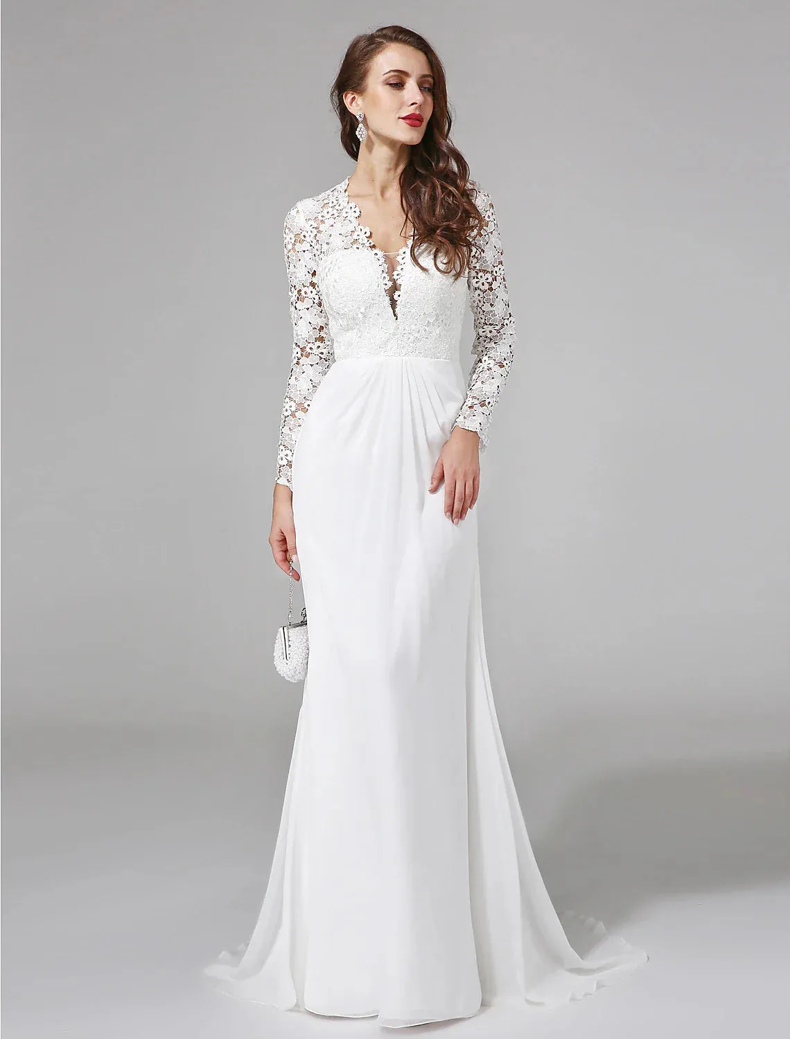 Beach Royal Style Boho Wedding Dresses Sheath / Column Illusion Neck Long Sleeve Sweep / Brush Train Chiffon Bridal Gowns With Lace Button 2023 Summer Wedding Party