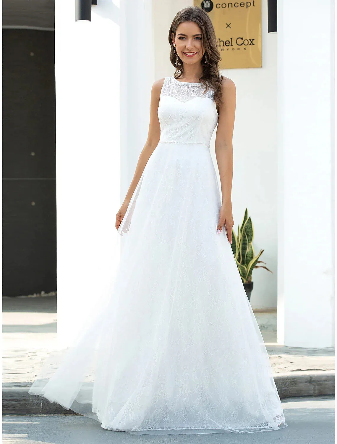 Beach Wedding Dresses A-Line Scoop Neck Sleeveless Floor Length Lace Bridal Gowns With Lace 2023 Summer Wedding Party