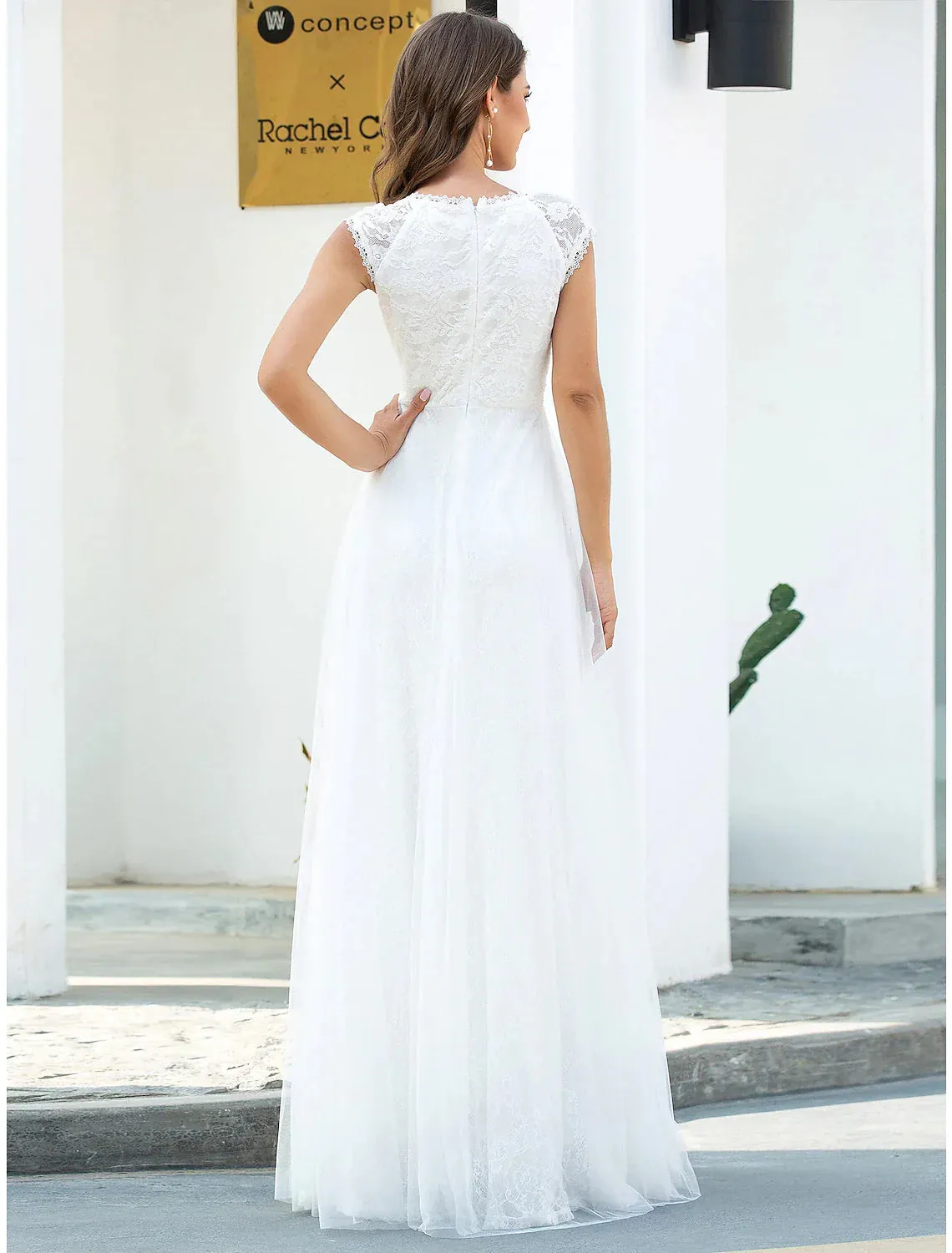 Beach Wedding Dresses A-Line V Neck Cap Sleeve Floor Length Lace Bridal Gowns With Lace Summer Wedding Party