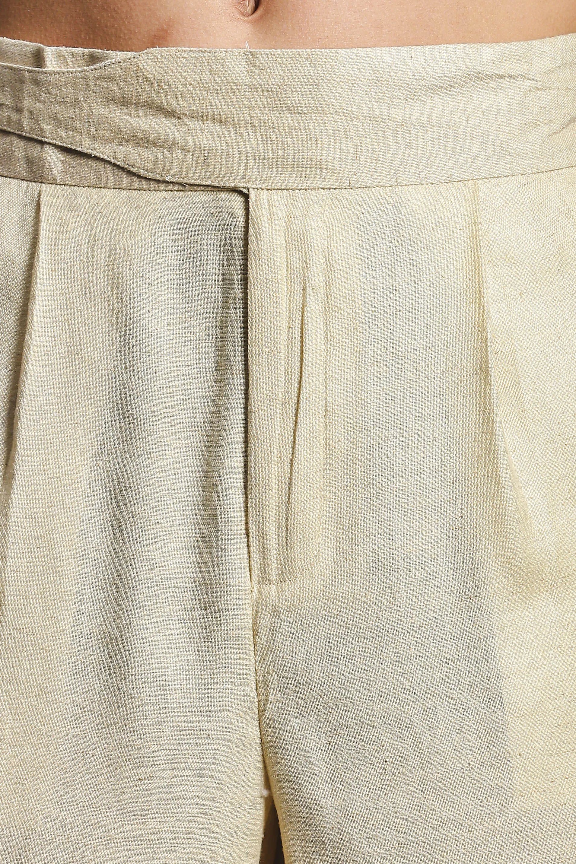 Beige Solid Linen Blend Gurkha Trousers with Pleated Front