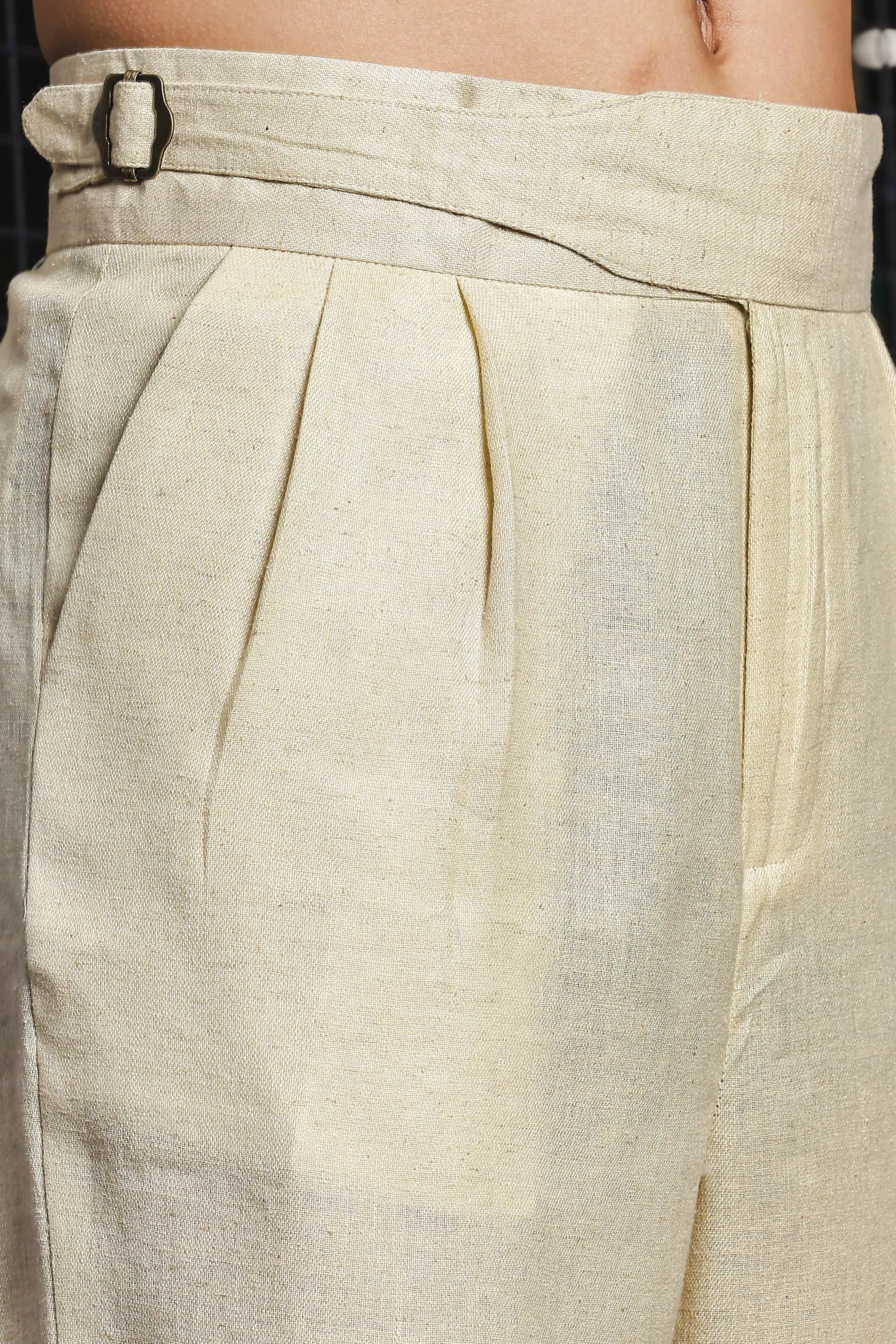 Beige Solid Linen Blend Gurkha Trousers with Pleated Front