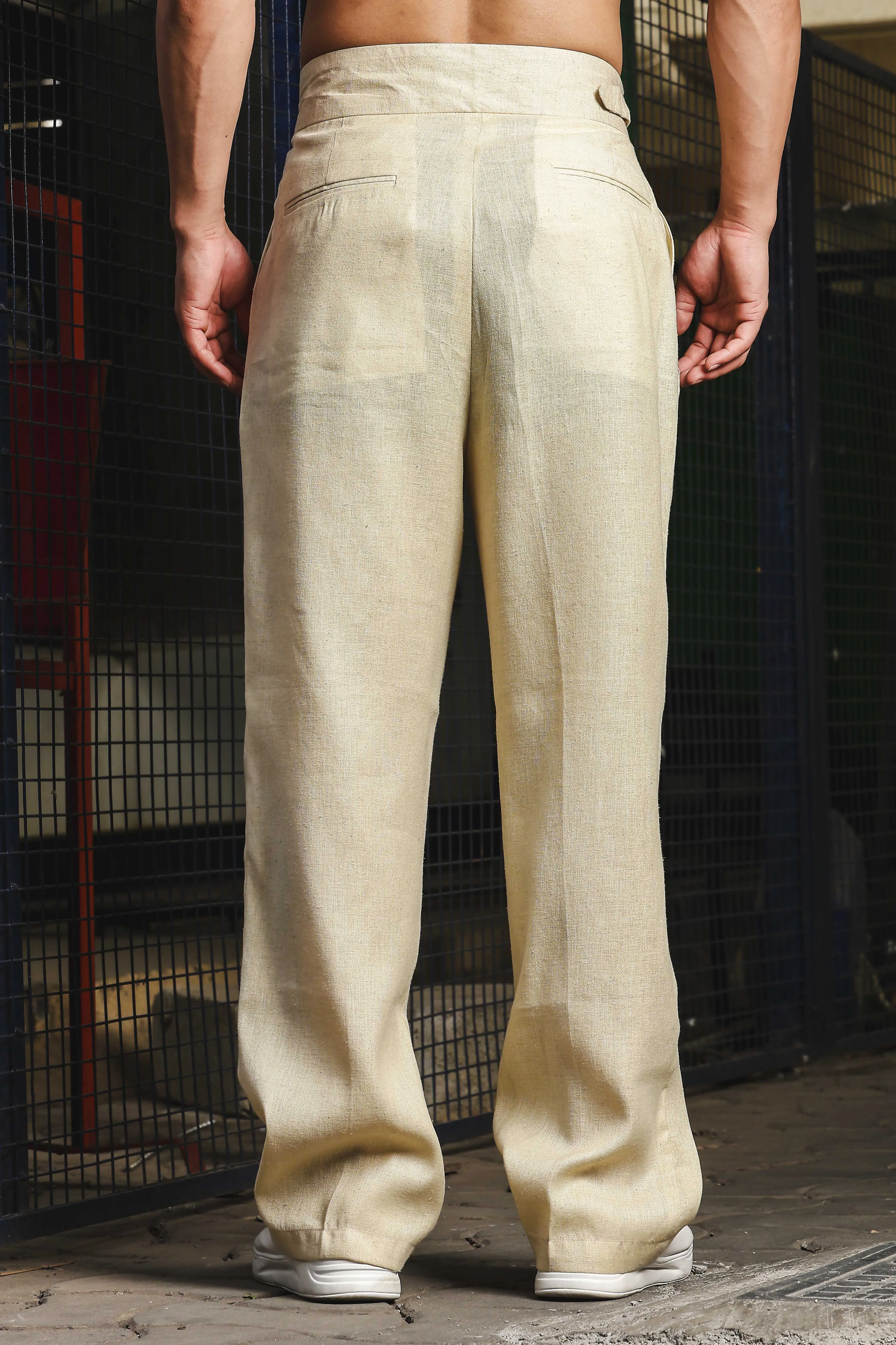 Beige Solid Linen Blend Gurkha Trousers with Pleated Front