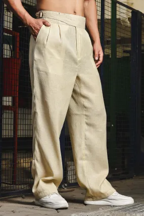 Beige Solid Linen Blend Gurkha Trousers with Pleated Front