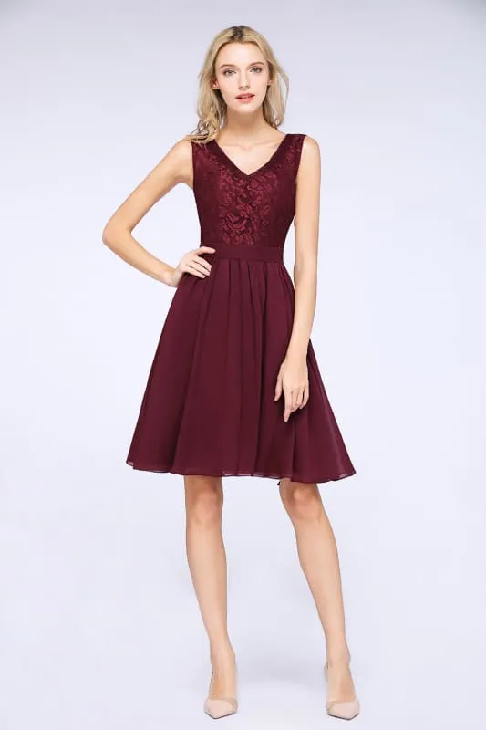 Bridelily Lace V-Neck Short Burgundy Chiffon Bridesmaid Dress