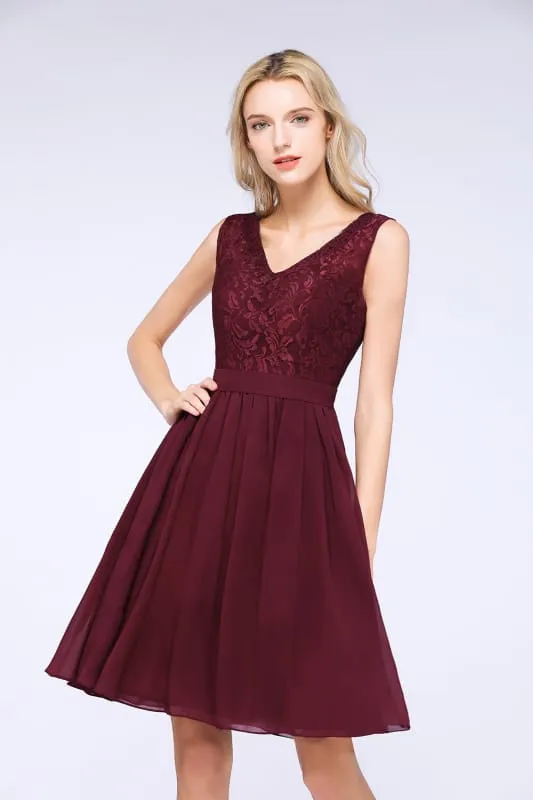 Bridelily Lace V-Neck Short Burgundy Chiffon Bridesmaid Dress