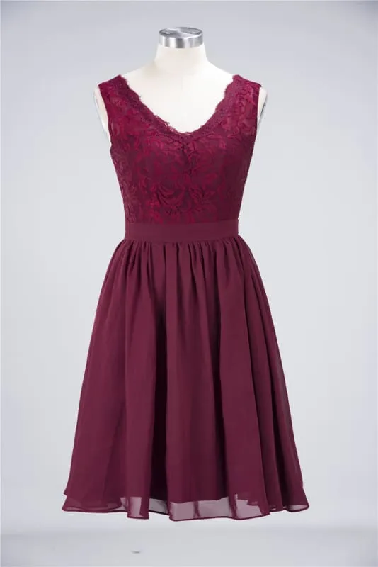 Bridelily Lace V-Neck Short Burgundy Chiffon Bridesmaid Dress