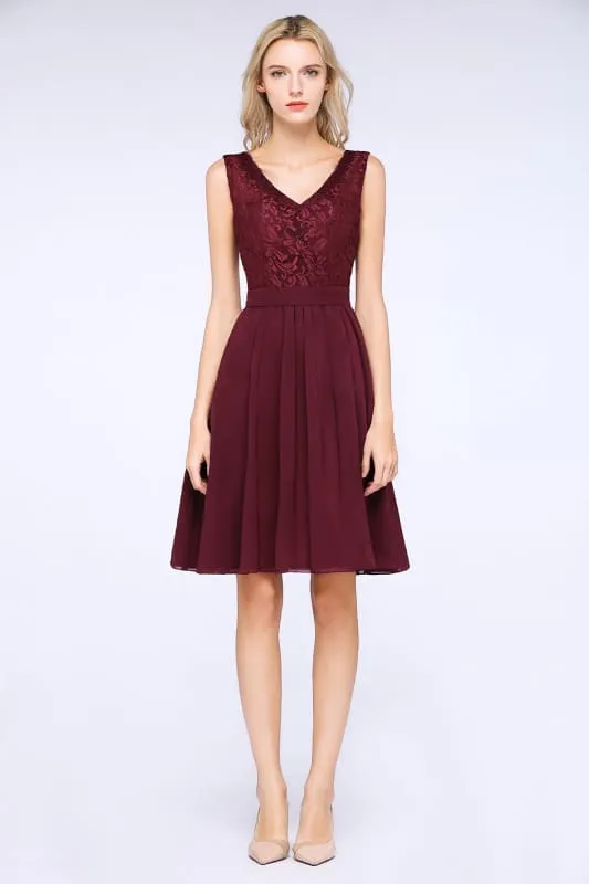 Bridelily Lace V-Neck Short Burgundy Chiffon Bridesmaid Dress