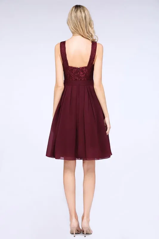 Bridelily Lace V-Neck Short Burgundy Chiffon Bridesmaid Dress