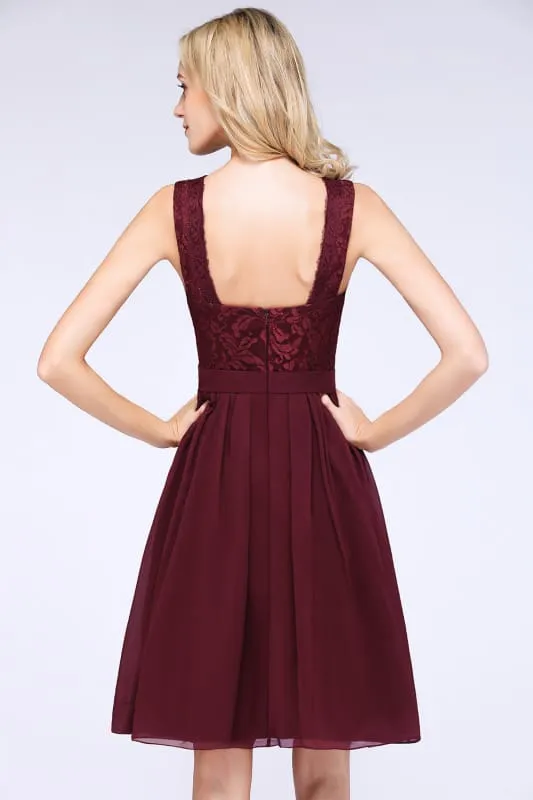 Bridelily Lace V-Neck Short Burgundy Chiffon Bridesmaid Dress