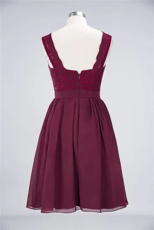 Bridelily Lace V-Neck Short Burgundy Chiffon Bridesmaid Dress