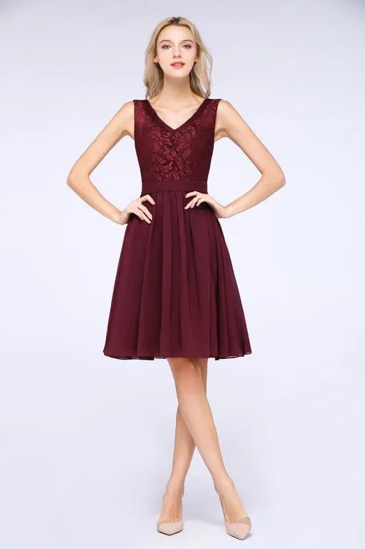 Bridelily Lace V-Neck Short Burgundy Chiffon Bridesmaid Dress