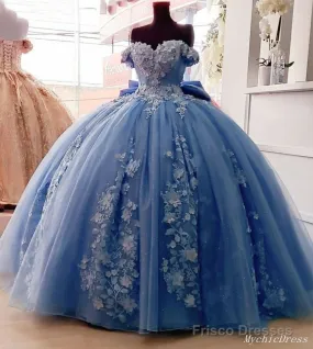 Cheap  Dusty Blue Quinceanera Dresses Floral Sweet 16 Princess Dresses