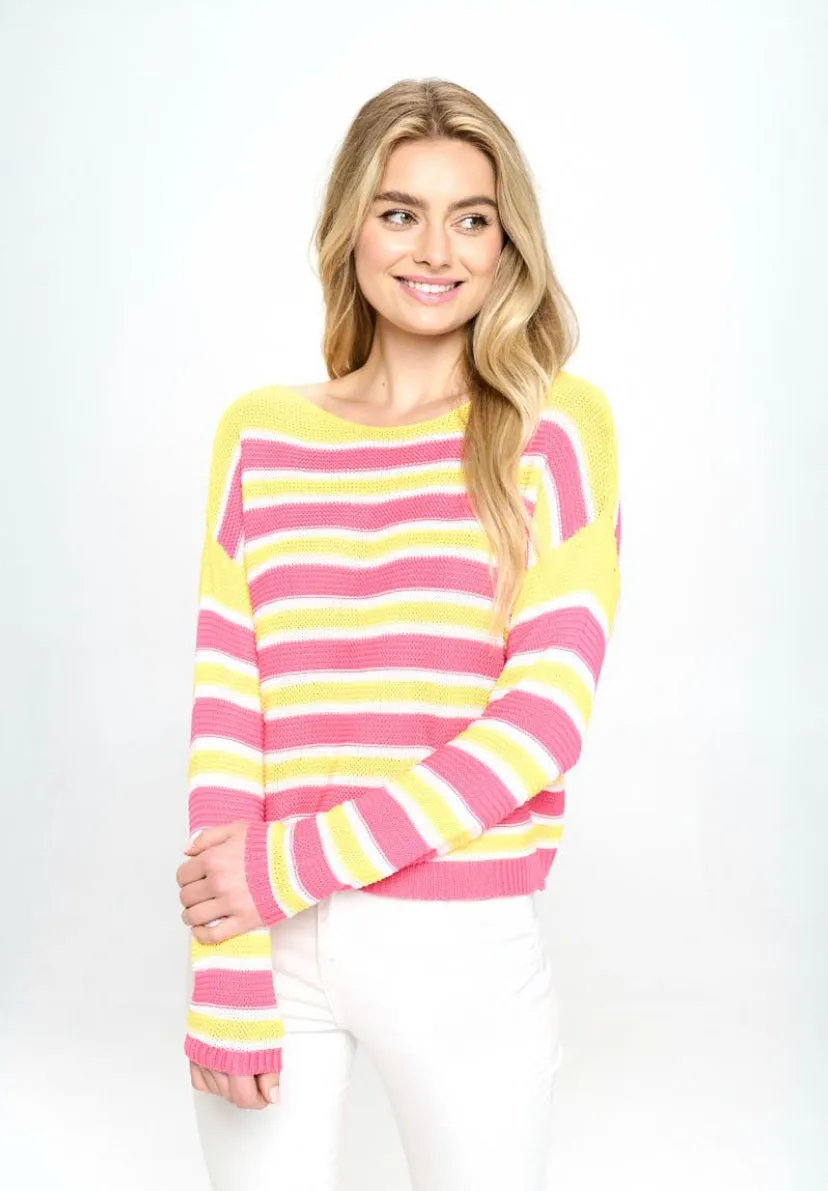CROCHET LIGHTWEIGHT PINK AND YELLOW STRIPED SWEATER