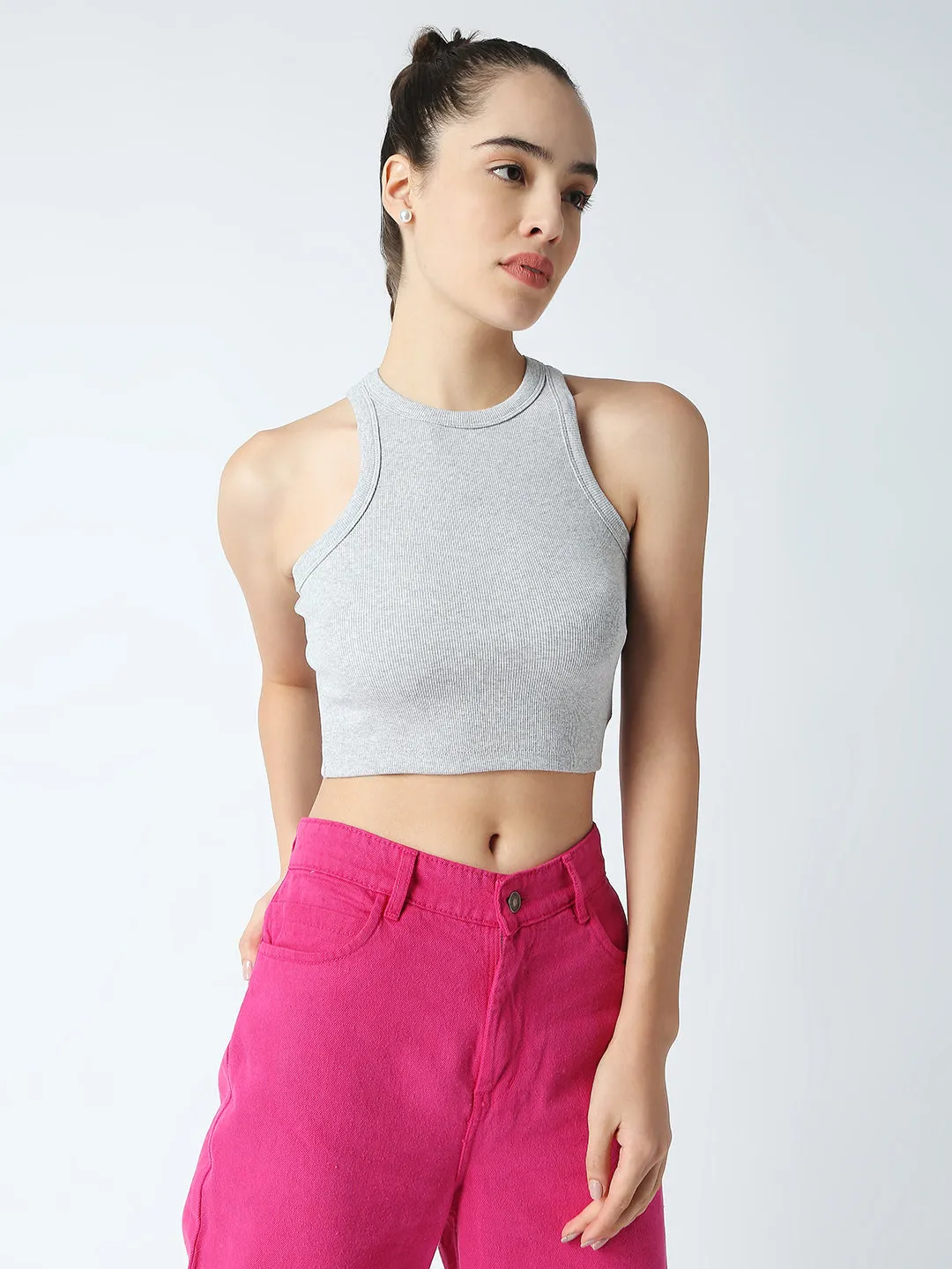 Disrupt Women Sleeveless Grey Ribbed Crop Top