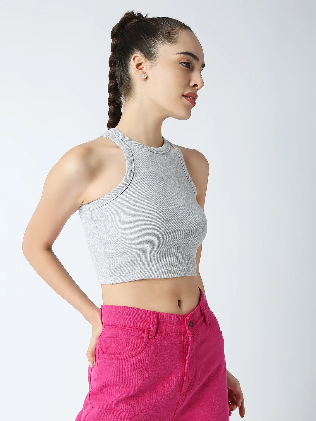 Disrupt Women Sleeveless Grey Ribbed Crop Top