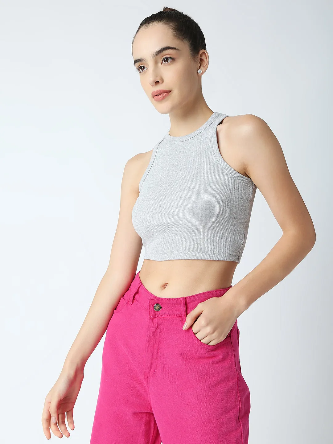 Disrupt Women Sleeveless Grey Ribbed Crop Top