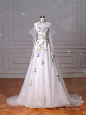 Fairy A Line White Floral Prom Dresses Evening Dress