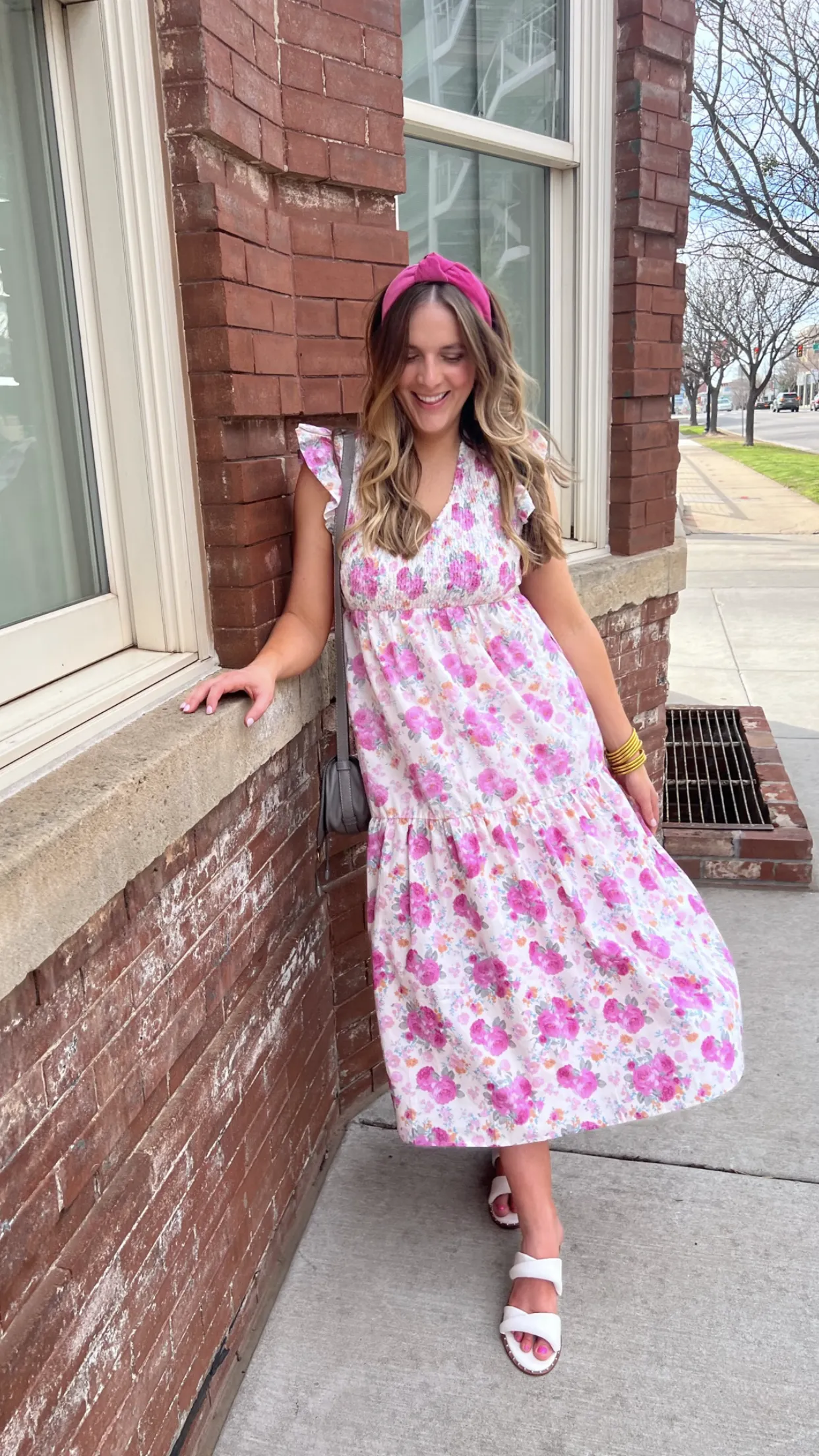 floral printed tiered midi dress - pink