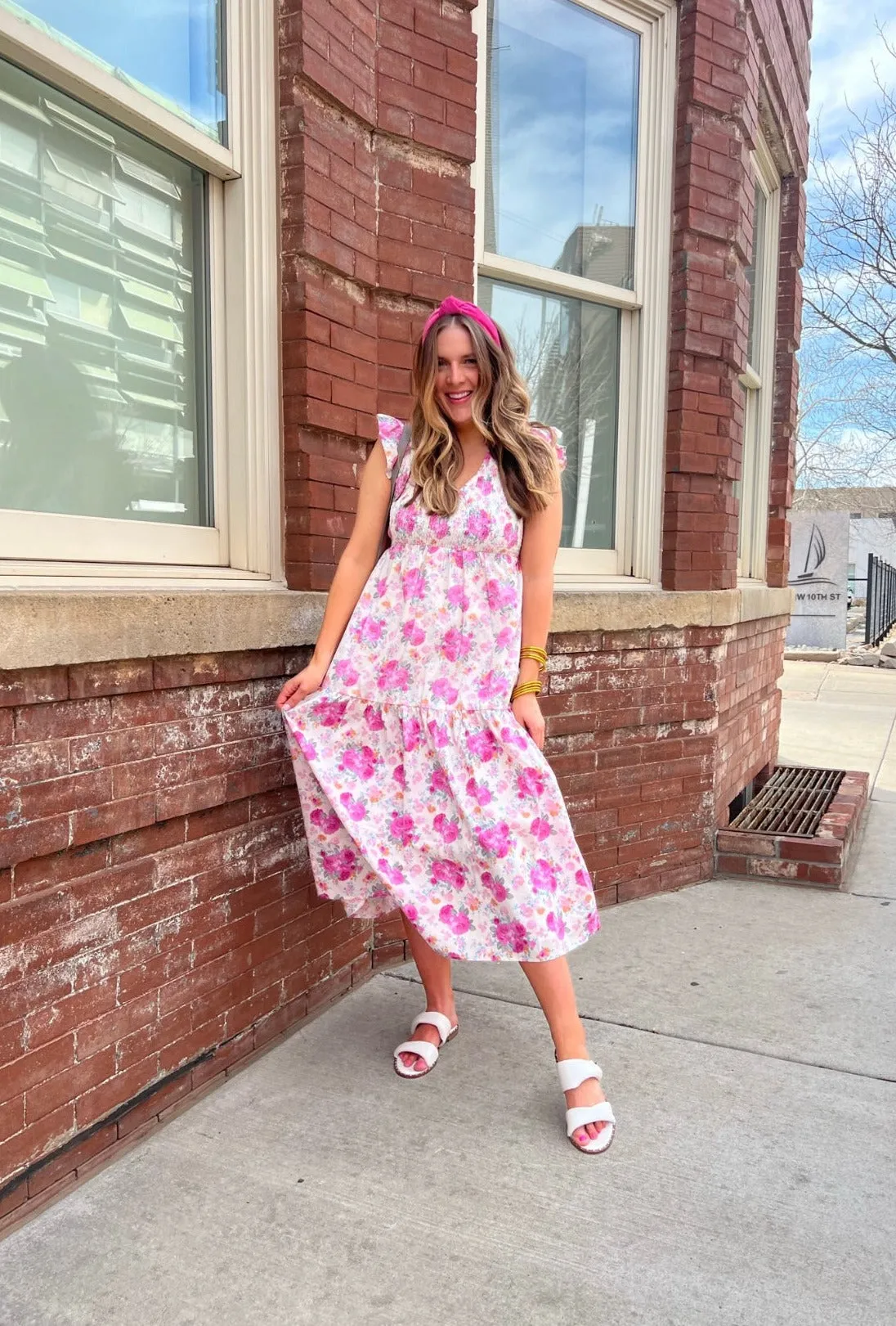 floral printed tiered midi dress - pink