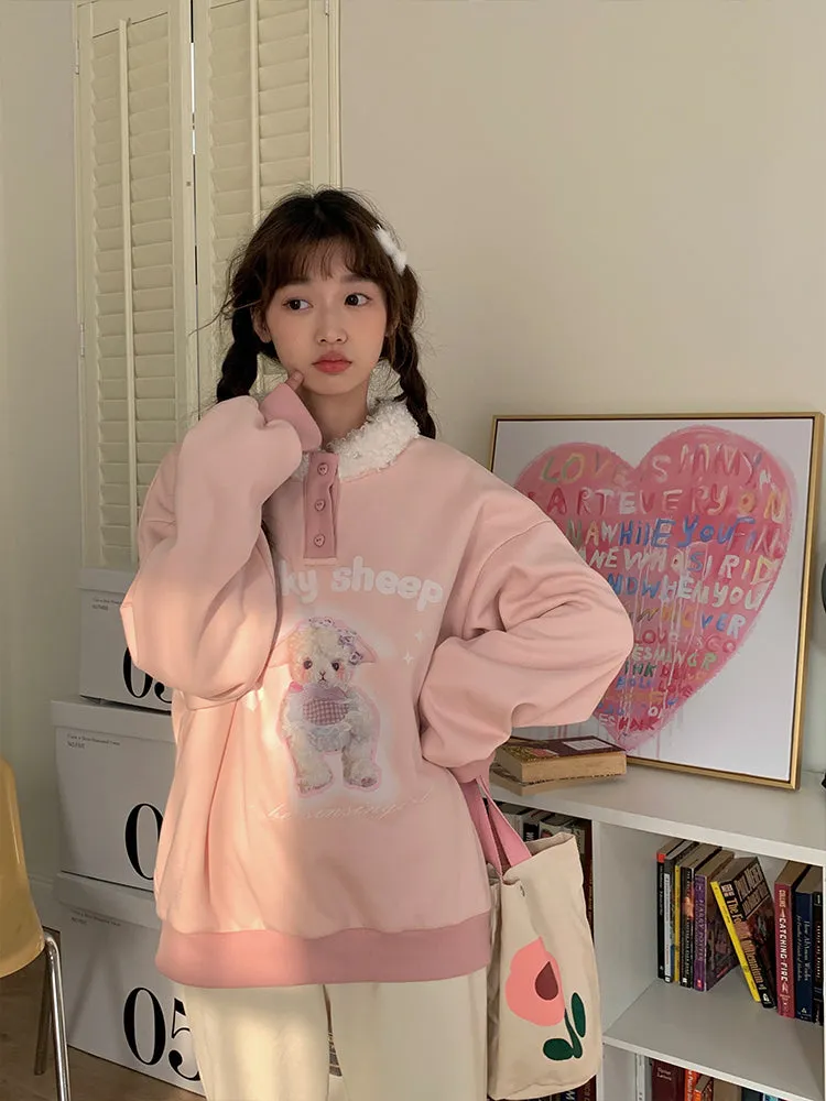 Fur Collar Sheep Puppy Print Pastel Cream Pink Pullover Sweatshirt