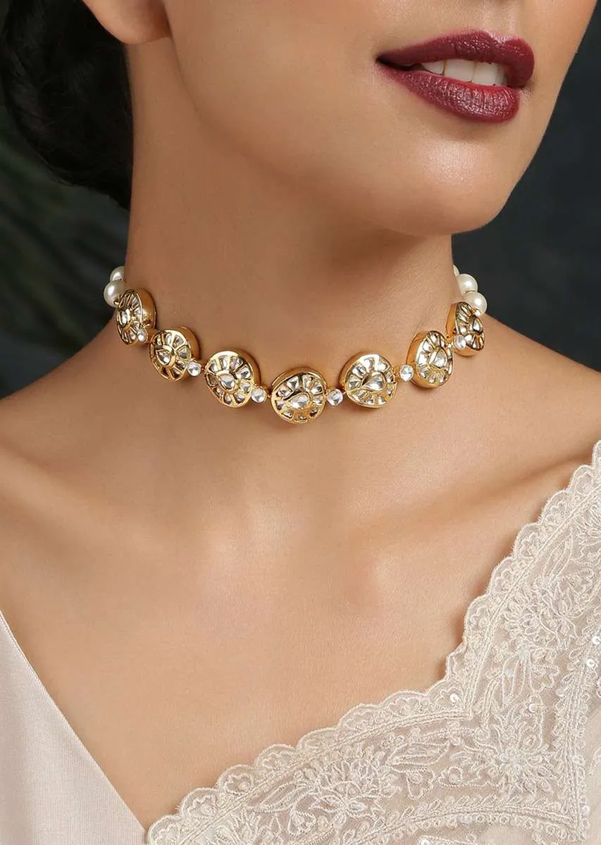 Gold Plated Necklace Handcrafted With Kundan Detailing Along With Pearl Accents By Paisley Pop