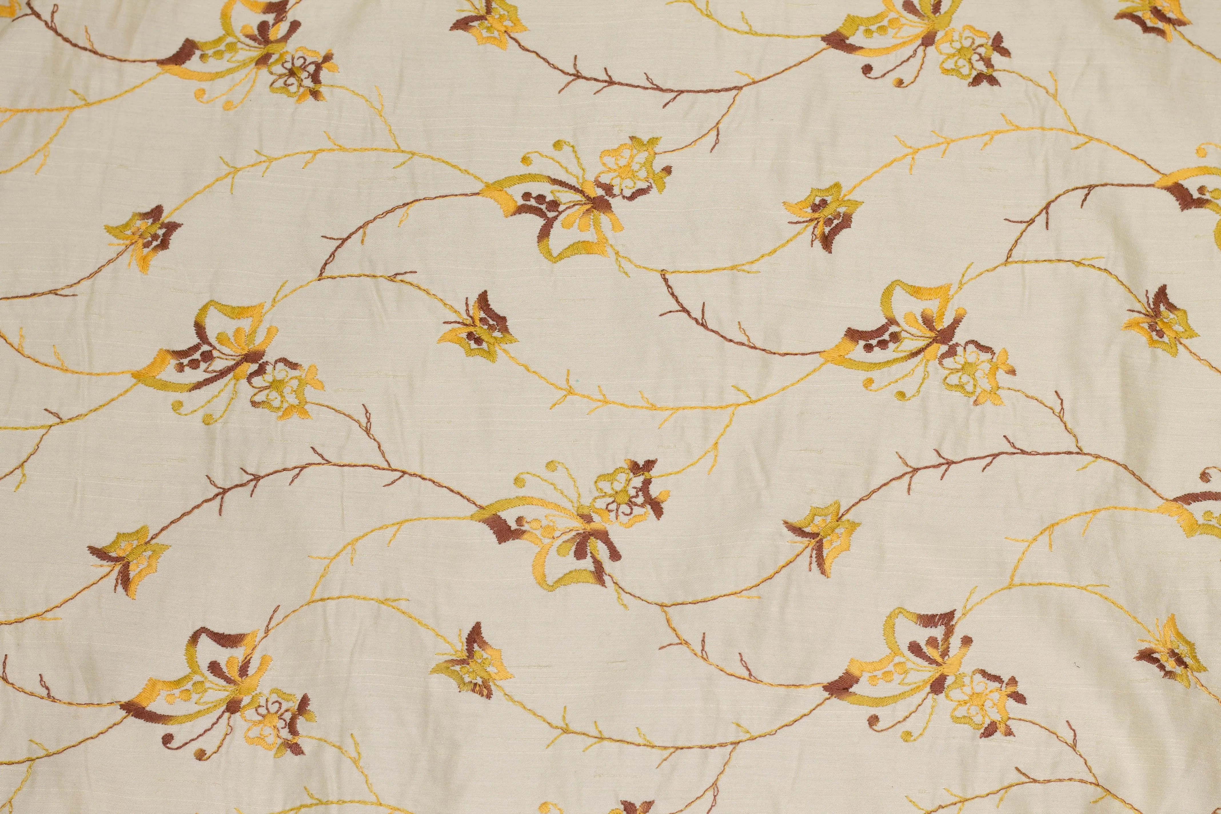 Ivory, Yellow, and Brown Embroidered Floral Linen