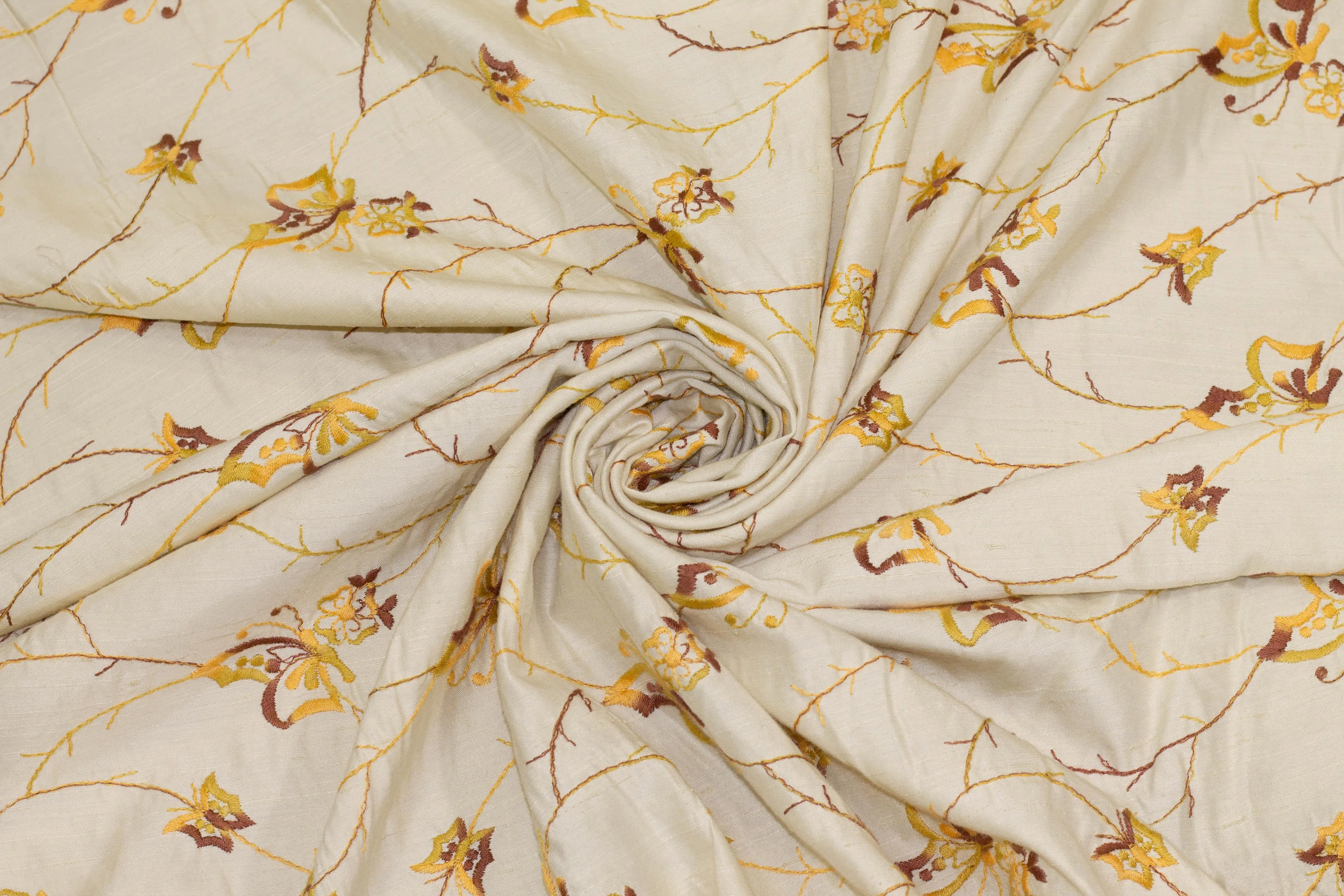 Ivory, Yellow, and Brown Embroidered Floral Linen