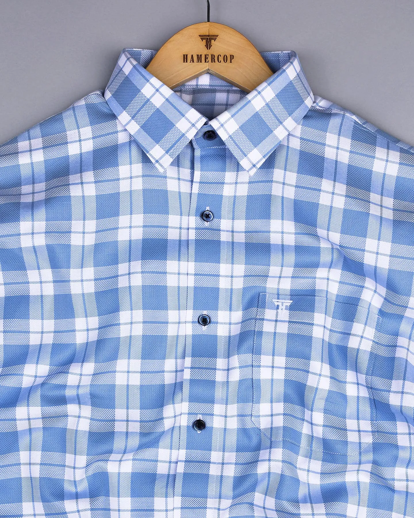 Lactos Blue With White Dobby Check Giza Shirt