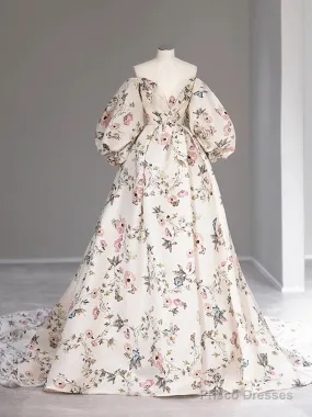 Long Sleeves Floral Long Prom Dresses, Long Sleeves Formal Evening Dresses