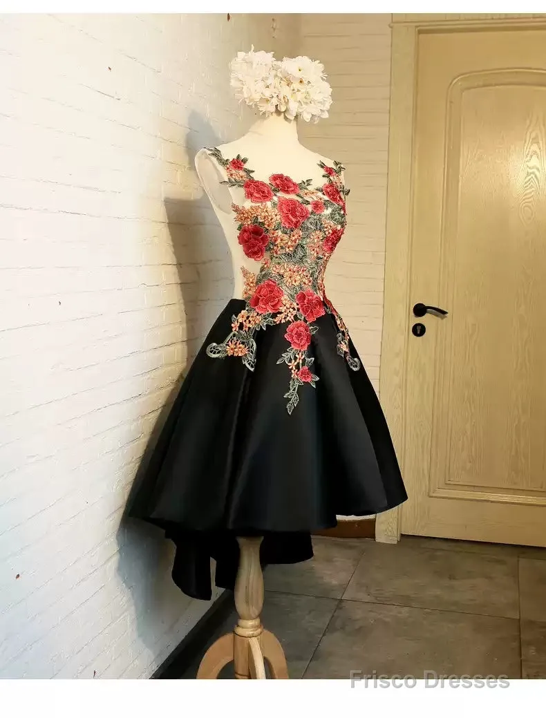 Lovely Black High Low Homecoming Dress With Floral Lace, Party Dress